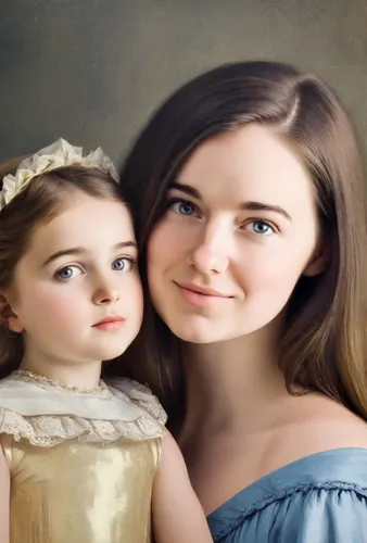 Five year old blonde daughter with a young brunette mother. Image in the style of Diego Rodriguez de Silva Velazquez.,little girl and mother,mother and daughter,mom and daughter,porcelain dolls,the gi