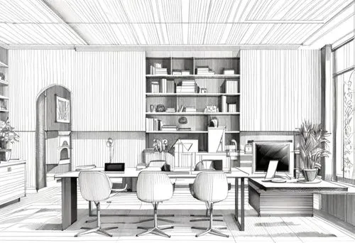 bookshelves,study room,kitchen design,scandinavian style,pantry,reading room,working space,kitchen interior,danish room,bookcase,cabinetry,archidaily,inverted cottage,writing desk,kitchen,breakfast room,modern room,modern kitchen interior,modern office,home interior,Design Sketch,Design Sketch,Hand-drawn Line Art