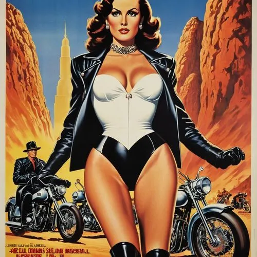 tura satana,italian poster,rocketeer,barbarella,thunderball,chaykin,spiegle,film poster,bulletgirl,kuenzer,lilandra,motorcycling,motorcyclists,biker,motorcyle,brubaker,radebaugh,motorella,retro woman,contessa,Illustration,American Style,American Style 05