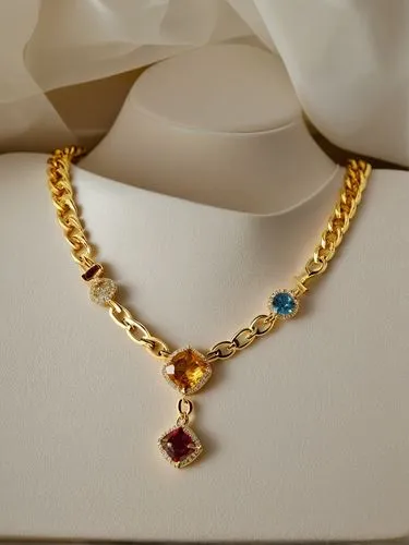 Necklace in the form of a gold chain with large colored stones in the center and on the sides of the chain, the stones should be of high quality, 4k.Hight deeps field, The chain should be on the table