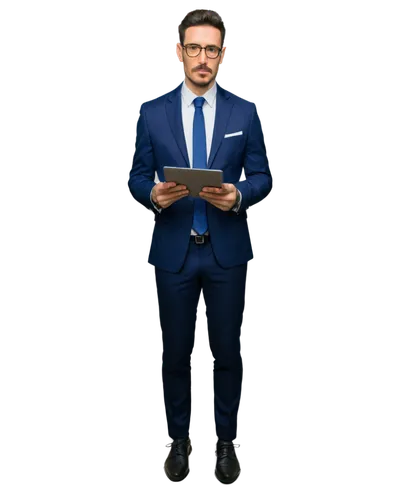 Businessman, suit, tie, holding tablet, stock market data, serious facial expression, eyebrows raised, slight smile, glasses, short black hair, mustache, chest pocket handkerchief, black leather shoes