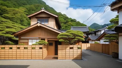 an area that has buildings, trees, and cars on it,miniature house,ryokan,koyasan,japanese shrine,wooden house,magome,Photography,General,Realistic