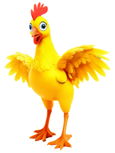 Rubber chicken, cartoonish style, bright yellow skin, shiny surface, exaggerated facial expression, big round eyes, small beak, wings spread wide, standing on one leg, comical posture, soft focus, war