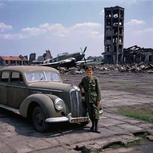 a young school boy, his 13 years old girlfriend, his father , 35 in USAAF outgoing uniform, in summer 1945 at ruined big Tempelhof City Airport, Berlin, Germany, rusty German staff car, Stuka and figh