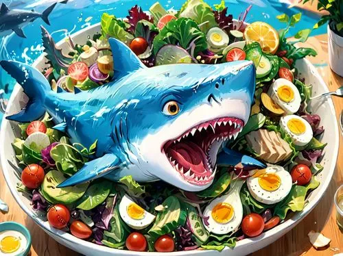 there is a shark jumping out of her salad,a plate of food with a shark on it,sea salad,salada,nicoise,insalata,egg salad,saladdin,Anime,Anime,Realistic