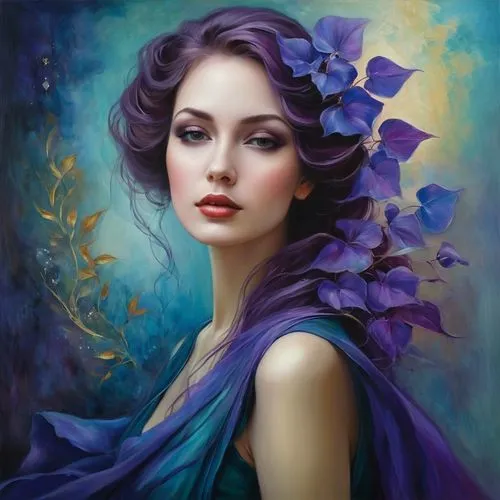 violette,purple rose,purple lilac,blue hydrangea,mystical portrait of a girl,lilac blossom,Illustration,Realistic Fantasy,Realistic Fantasy 30