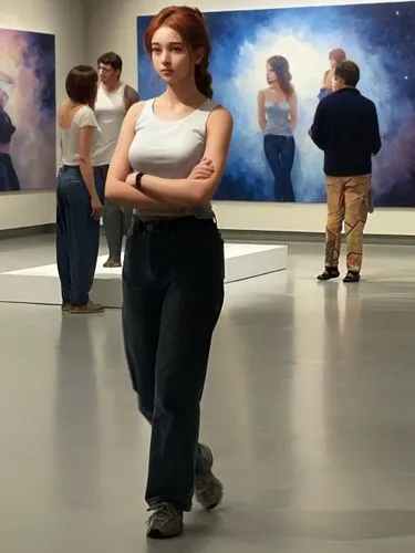 People in an art exhibition. In the foreground, a particularly pretty girl in jeans and with her arms folded under her breasts.,the woman is looking at the men in the art gallery,documenta,universum,a