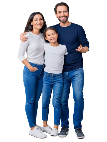 Family of four, father, mother, little boy, little girl, hugging each other, smiling faces, gentle facial expressions, casual wear, jeans, t-shirts, sneakers, soft morning light, warm color tone, 3/4 