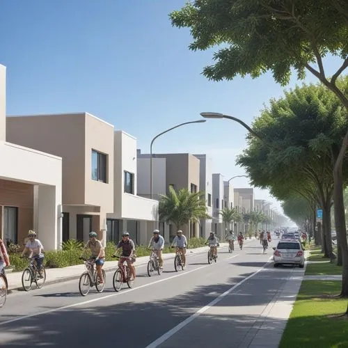 people riding bikes and walking on a street between two buildings,new housing development,residencial,bikeways,liveability,rehovot,townhomes