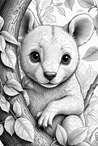 a little baby animal sits on a tree nch,birch tree illustration,sylbert,tree sloth,dormouse,mustelid,pygmy sloth,Design Sketch,Design Sketch,Detailed Outline