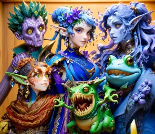 group photo of adventurers, (a wooden automaton) (blue-lady-druid) (lavender elf-lady)
grey-skin halfling) (monster) (humanoid frog),an artistic painting with four different types of witches,kobolds,p