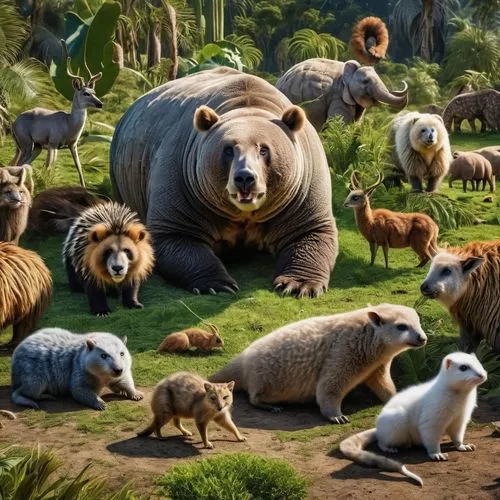 a world full of mystery and strange animals that are  all different shapes and sizes,grizzlies,mammals,round animals,anthropomorphized animals,animal kingdom,animal world,scandia animals,wild animals,