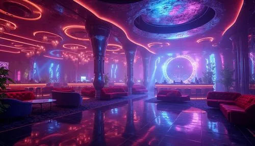 ufo interior,nightclub,spaceship interior,spaceland,graecorum,sansar,ballroom,cyberia,sanctum,dancefloor,futuristic landscape,ornate room,lobby,neon coffee,3d render,sky space concept,spaceport,discoideum,extrasolar,environments,Photography,General,Realistic