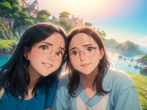 Portrait of this two young women in love as studio ghibli characters with a fantastic world in the background. ,two girls s in front of an scenic setting,narnians,wlw,aloeides,simione,studio ghibli,re