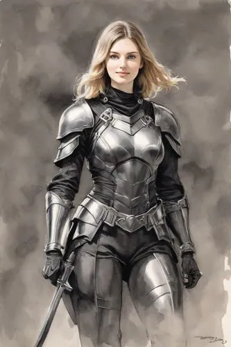 female warrior,claymore,sandahl,joan of arc,knightly,knight armor,zhomova,warrior woman,ronda,aegon,elendil,warden,steel,markswoman,strong woman,armour,kushana,lieutenant,armor,magik,Digital Art,Ink Drawing