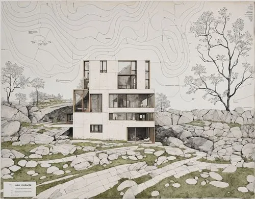 an image of a drawing of a building in the grass,hejduk,aalto,seidler,corbu,passivhaus,rietveld,Unique,Design,Blueprint