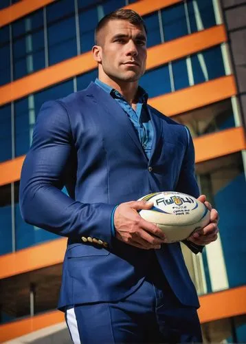 Rugged, muscular man, rugby player, athletic build, short hair, determined expression, wearing rugby uniform, holding rugby ball, standing in front of modern, sleek, glass-and-steel Albuquerque NM sky