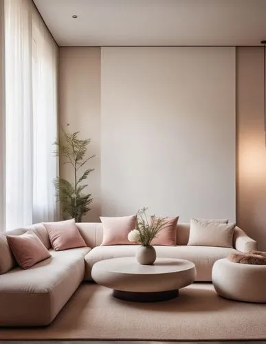 Create a minimalist style decoration by placing a long white sofa on the wall. ,light pink chair , coffee table, floor rug, corner table with flower vase, curtains, ceiling lamps, hidden ceiling light