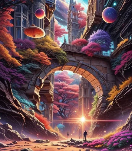 3d fantasy,futuristic landscape,fantasy landscape,fantasy world,fantasy city,alien world,dream world,fantasy picture,alien planet,space art,sci fiction illustration,heaven gate,fantasy art,portals,fantasia,utopian,psychedelic art,panoramical,cg artwork,fairy world