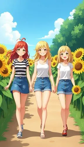 The image shows three young women walking through a field of sunflowers. They are all smiling and appear to be enjoying their time together. The woman in the middle is blonde, wearing a white tank top