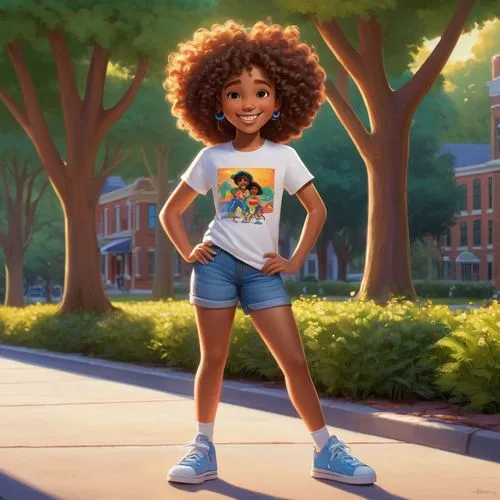 girl in t-shirt,junipero,cute cartoon character,fro,Illustration,Children,Children 01