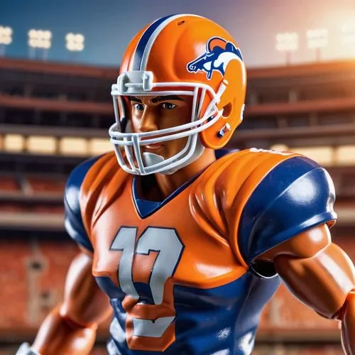 Orange Broncos helmet, football player, muscular man, athletic build, strong facial features, determined expression, mouthguard, shoulder pads, sleeveless jersey, blue and orange uniform, football fie