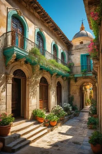 Baroque Sicilian architecture, ornate decorations, grandiose columns, intricate stone carvings, vibrant turquoise domes, golden accents, rustic stone walls, narrow cobblestone streets, vintage street 