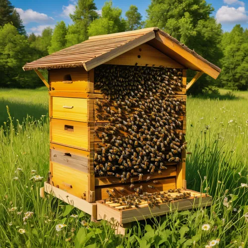 Capture the beauty of a bustling honeybee hive in a peaceful meadow.,apiary,beekeeping,bee hive,bee house,bee hotel,bee colonies,honey bee home,bee farm,beehives,bee keeping,beekeepers,bee-keeping,bee