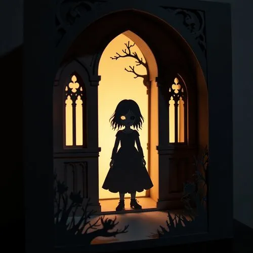 full body of a creepy doll gothic girl in a church,a paper cut figure stands in front of a doorway at night,house silhouette,halloween silhouettes,silhouette art,silhouette,art silhouette, silhouette