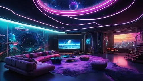 spaceship interior,ufo interior,livingroom,80's design,spaceland,game room,3d fantasy,living room,modern room,sky space concept,electrohome,3d render,dreamhouse,nightclub,3d background,playroom,great room,space,futuristic,futuristic landscape,Illustration,Japanese style,Japanese Style 14