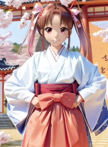 girl, japanese clothes, solo, twintails, hands on hips, miko, hair ribbon,  hakama, pink hair, smile, brown hair, looking at viewer, red hakama, ,a girl in a traditional asian kimono,hakama,yukata,mom