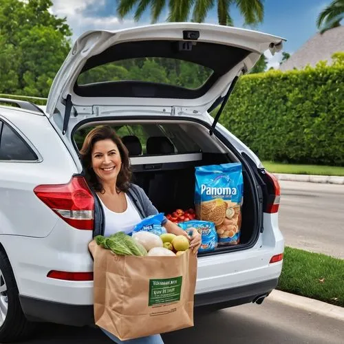 a happy white latin mom, puting groceries bags in her car trunk, with photorealistic details, high resolution, high quality, high detail, high sharpness, high color contrast, high natural light, high 