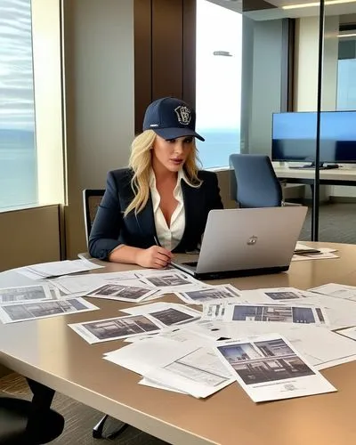 Britney Spears,  fazendo plano de golpe, na sala de negócios, no securi bank, no pier, no prédio,  GTA V Online, de boné, na mesa retangular,a woman sitting in front of a laptop computer with document