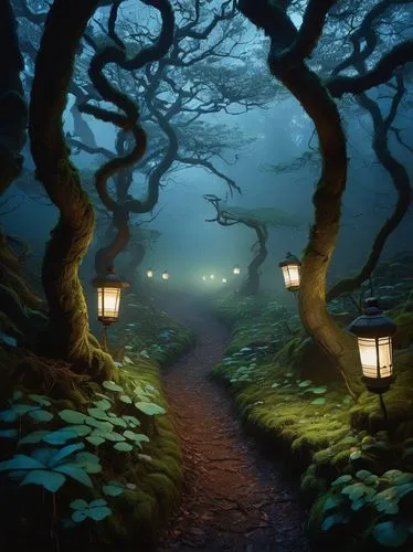 forest path,the mystical path,hollow way,fairy forest,haunted forest,fantasy landscape,pathway,enchanted forest,fantasy picture,forest of dreams,the path,elven forest,fairytale forest,druid grove,fairy lanterns,forest glade,path,crooked forest,tree lined path,lanterns,Art,Artistic Painting,Artistic Painting 34