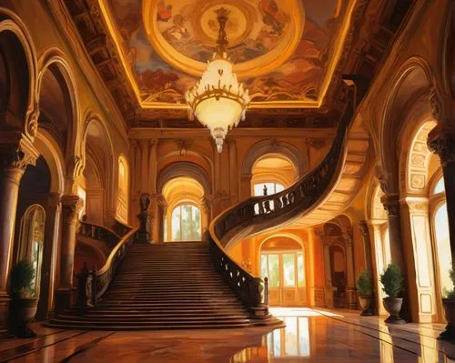 hallway,cochere,entrance hall,emirates palace hotel,crown palace,staircase,staircases,entranceway,entranceways,grandeur,corridors,corridor,ballroom,lobby,opulently,archly,opulence,royal interior,foyer,the palace,Conceptual Art,Oil color,Oil Color 04