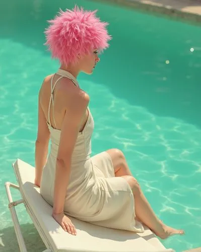 sorrentino,pink hat,pink chair,poolside,pink hair,pink flamingo,Photography,Documentary Photography,Documentary Photography 02