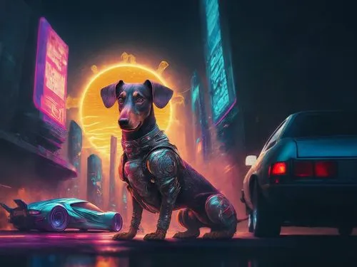 dog illustration,cyberpunk,laika,smaland hound,street dog,stray dog,dog street,posavac hound,police dog,stray dogs,doberman,game art,companion dog,sci fiction illustration,vigilant dog,stray dog on ro