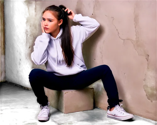 Girl, long silver hair, ponytail, white hoodie, black sleeves, ripped jeans, Converse shoes, sitting on floor, back against wall, knees up, hands covering face, mysterious atmosphere, soft lighting, c