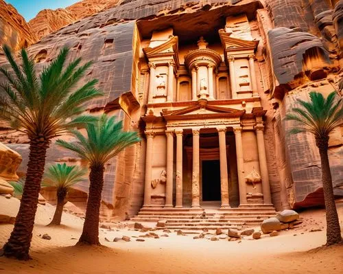 Ancient Petra-like architecture, Jordanian style, intricate stone carvings, ornate columns, vibrant turquoise domes, majestic archways, detailed mosaics, golden accents, warm beige stonework, intricat