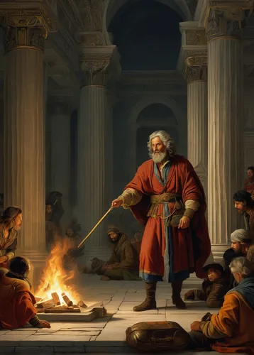 the death of socrates,school of athens,socrates,christopher columbus's ashes,the local administration of mastery,biblical narrative characters,fire master,classical antiquity,the conflagration,greek in a circle,smelting,freemasonry,torch-bearer,pentecost,benediction of god the father,archimedes,fire artist,orange robes,sermon,twelve apostle,Art,Classical Oil Painting,Classical Oil Painting 33