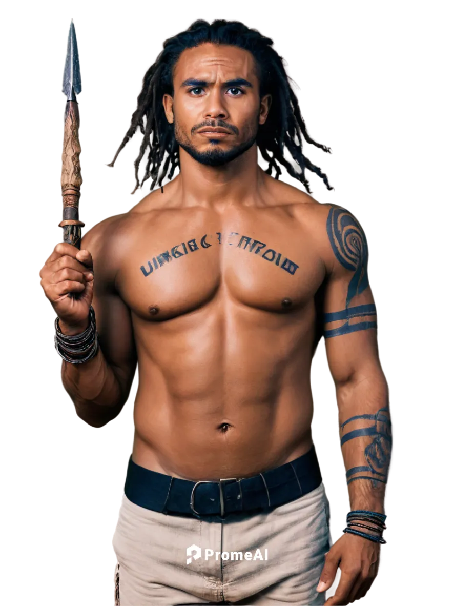 Udumbaru warrior, masculine, muscular, African skin tone, dreadlocks hair, scar above left eyebrow, tribal tattoos on arms and chest, loincloth made of animal skin, holding a spear, standing proudly, 