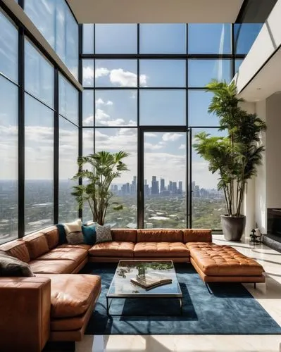 penthouses,glass wall,sky apartment,modern living room,mid century modern,apartment lounge,livingroom,living room,modern decor,contemporary decor,interior modern design,houston texas apartment complex,glass panes,luxury home interior,buckhead,great room,minotti,high rise,family room,sitting room,Illustration,American Style,American Style 01