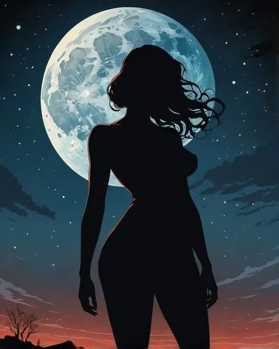 woman silhouette,mermaid silhouette,selene,super moon,fantasy woman, silhouette,Illustration,Black and White,Black and White 12