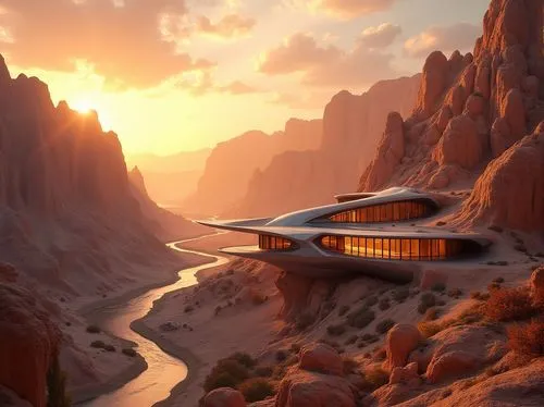 futuristic landscape,futuristic architecture,earthship,dunes house,desert landscape,canyon,house in the mountains,futuristic art museum,amanresorts,desert desert landscape,house in mountains,the desert,canyons,dreamhouse,fantasy landscape,arid landscape,roof landscape,danxia,luxury property,cliffside,Photography,General,Realistic