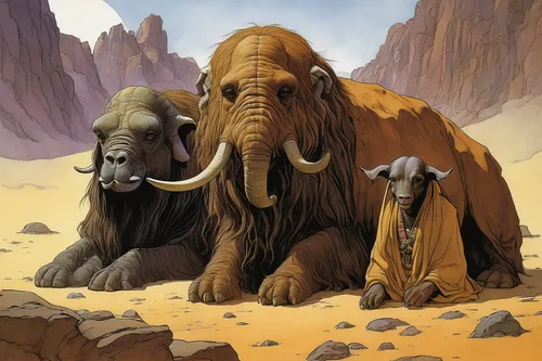 elephants and mammoths,muskox,elephantine,mammoth,aurochs,elephants,cartoon elephants,guards of the canyon,mammals,two-humped camel,anthropomorphized animals,druids,tusks,uintatherium,buffalo herd,camels,nomads,scandivian animals,bighorn,african elephants,Illustration,Realistic Fantasy,Realistic Fantasy 04