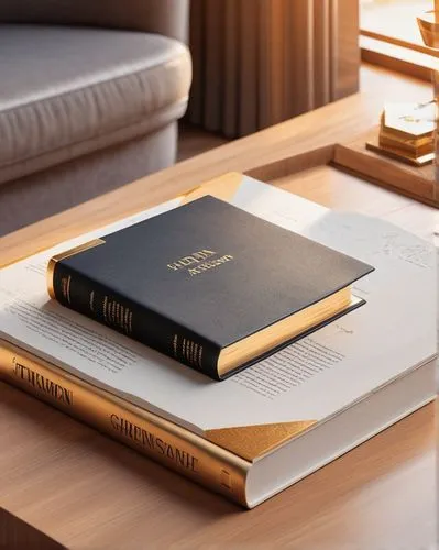 Architecture book, hardcover, leather-bound, golden font, classic design, coffee table, modern interior, minimalist background, softbox lighting, shallow depth of field, warm colors, morning sunlight,