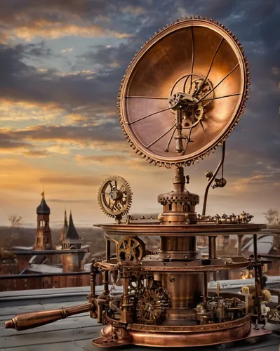 Describe a peaceful evening with a dish antenna on a rooftop.,scientific instrument,astronomical clock,clockmaker,anemometer,steampunk,orrery,telecommunications engineering,steampunk gears,network mil