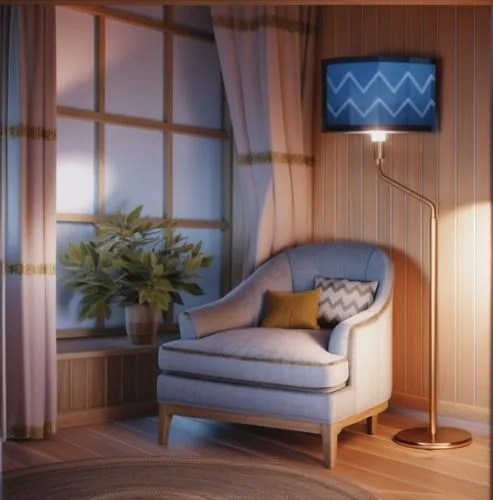 bedroom,retro lamp,guest room,modern room,3d render,retro lampshade,livingroom,visual effect lighting,modern decor,danish room,3d rendering,interior decoration,window treatment,floor lamp,guestroom,be