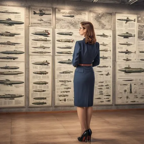 A beautiful secretary is standing before a wall full of 1944 space and military rockets as photos, drawings, technical drawings, pencil and charcoal  scetches.,sobchak,aeronauticas,a museum exhibit,ae