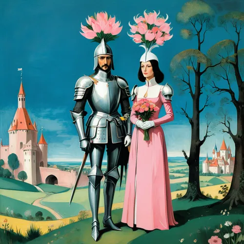 couple of woman in medieval dress with high cap headdress and knight in armor with open visor holding bouquet of flowers standing next to each other, storybook illustration, Terry Oakes, tumblr, forma